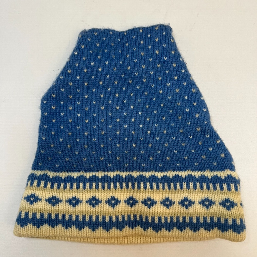 Vintage Cape West 100% Pure Wool Knit Hat Winter Cap Blue Cream Made in USA